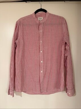 Sezane Red and White Vertical Stripe Band-Collar Shirt size L (fits like a M)